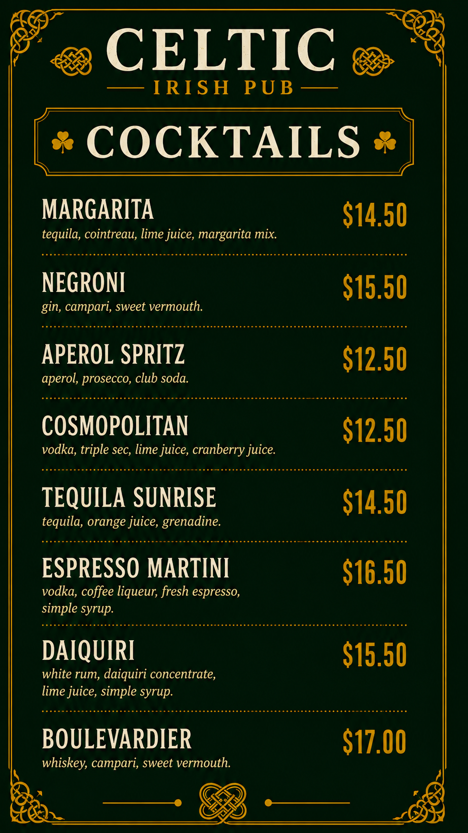 Celtic Irish Pub menu page 11