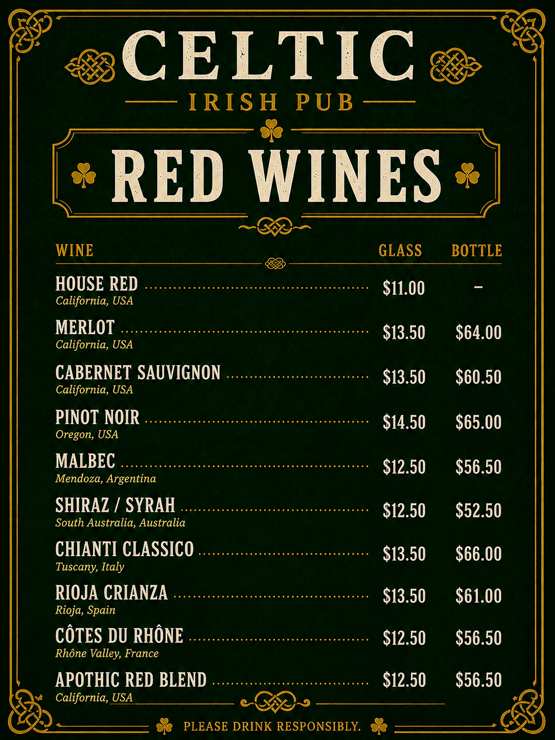 Celtic Irish Pub menu page 14