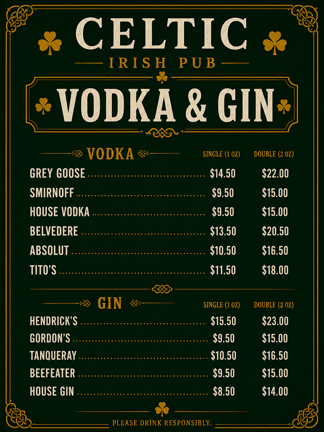 Celtic Irish Pub menu page 16